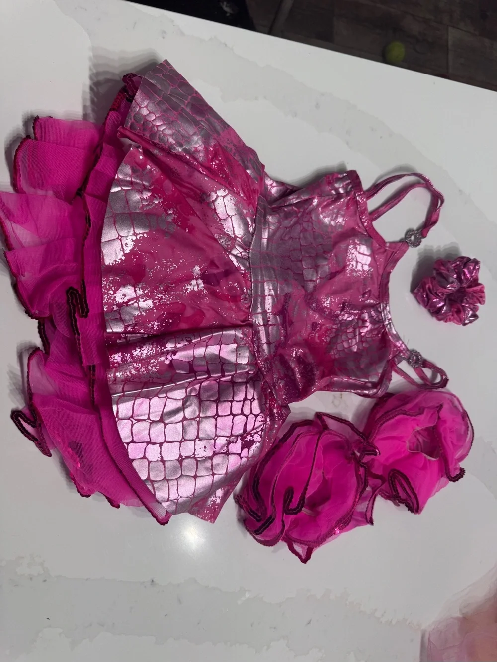 Girls' Hot Pink Metallic Dance Dress with Ruffled Skirt
